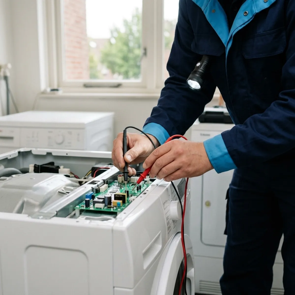 Monteur meet met een multimeter aan de printplaat van een wasmachine
