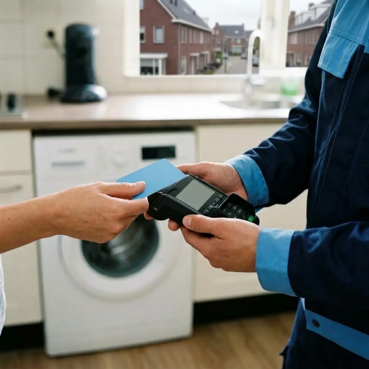 Klant houdt een pinpas bij de pinautomaat die een monteur in een donkerblauwe werkjas vasthoudt, in een keuken met een wasmachine
